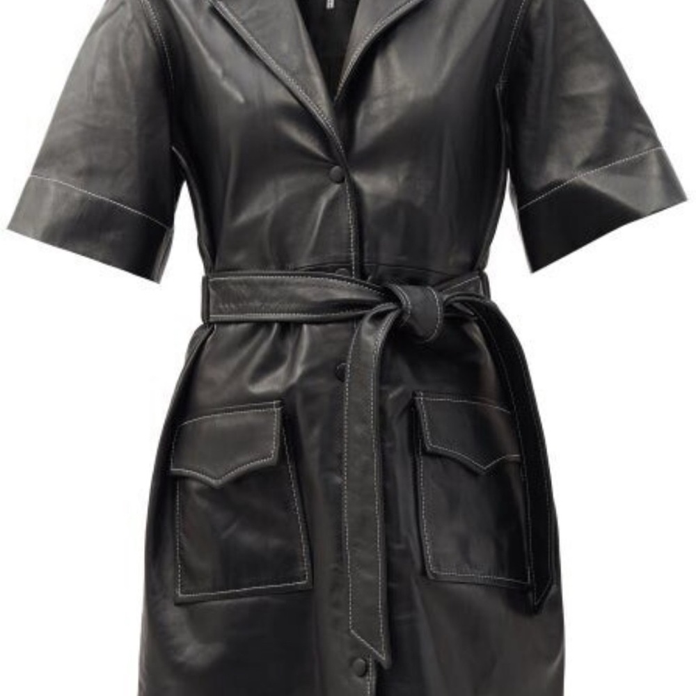 Ganni Black Midi Dress with A-Line Silhouette and Tie Belt